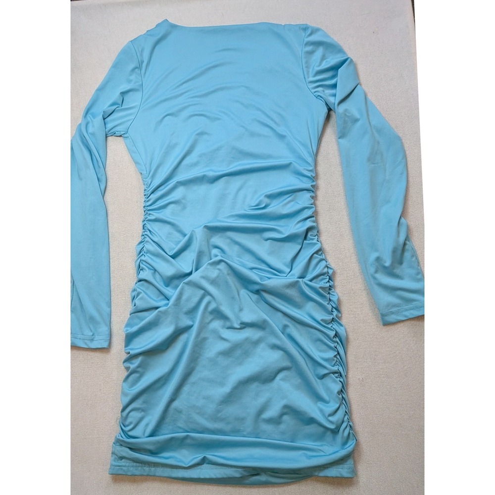Light Blue Long Sleeve Ruched Bodycon Dress V-Neck Mini Dress - Picture 5 of 9